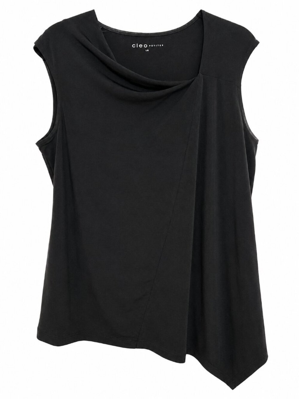Cleo Petite Sleeveless Asymmetrical Blouse Women's L Black Draped Stretch Top